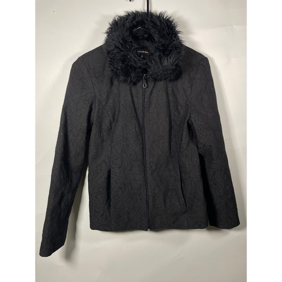 Jackets & Blazers - Y2K Black Paisley Textured Jacket Faux Fur Collar Full Zip Small Cheetah Girl